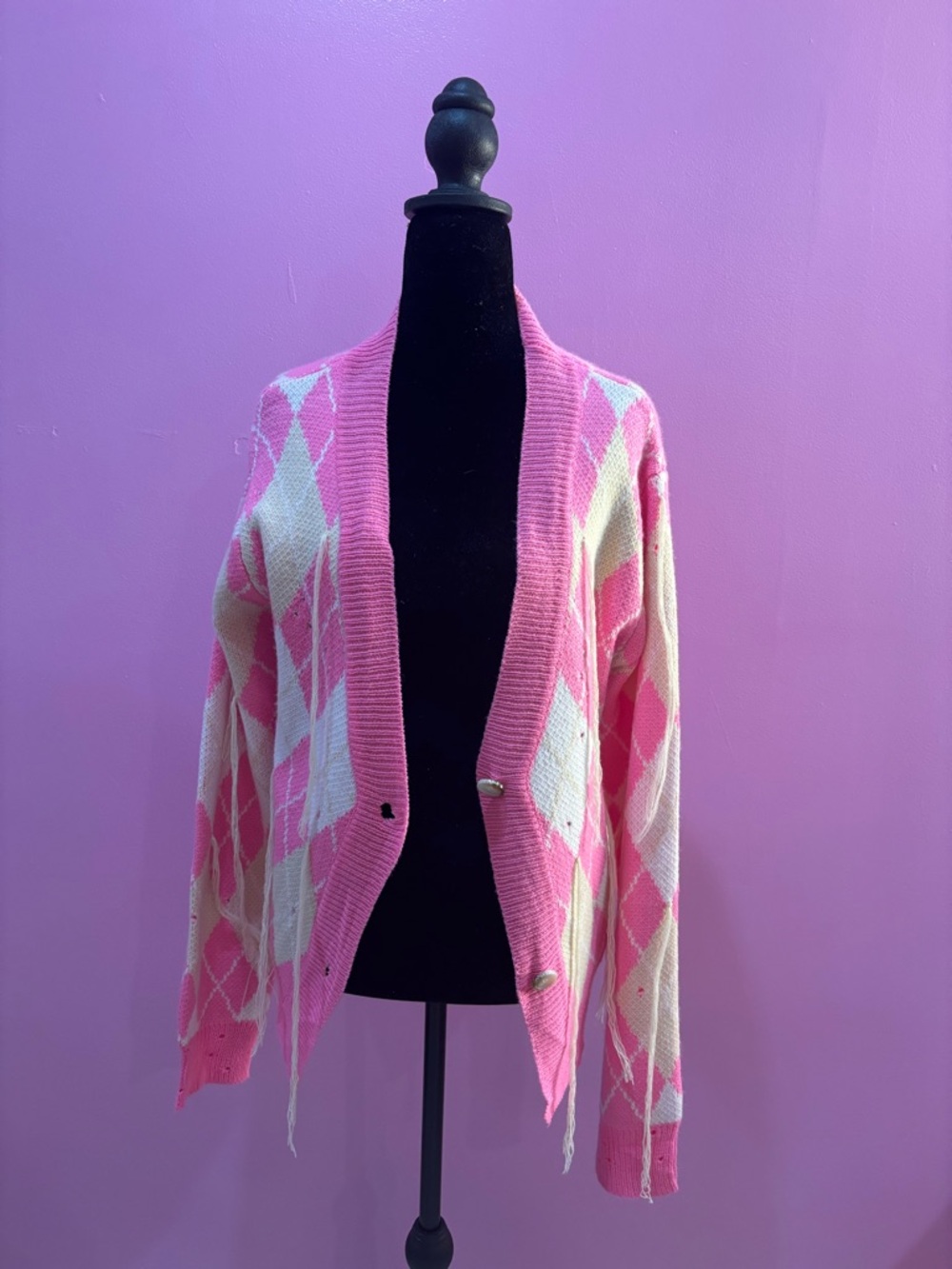 SHEIN Pink and Cream Argyle Open-Front Cardigan